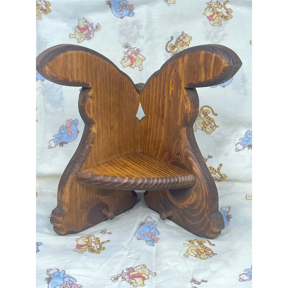 Vintage Wood Corner Shelf Kissing Bunnies Rabbit Wall Hanging with Pegs 10x9.5